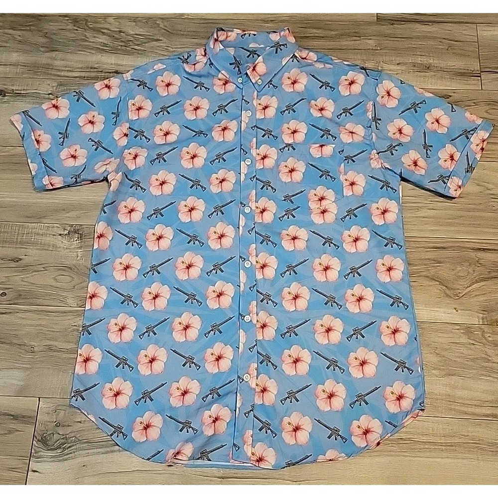 Eagle Six Shirt Mens XL Hibiscus n rifle AOP‎ Blue Pink Litewieght Button Down